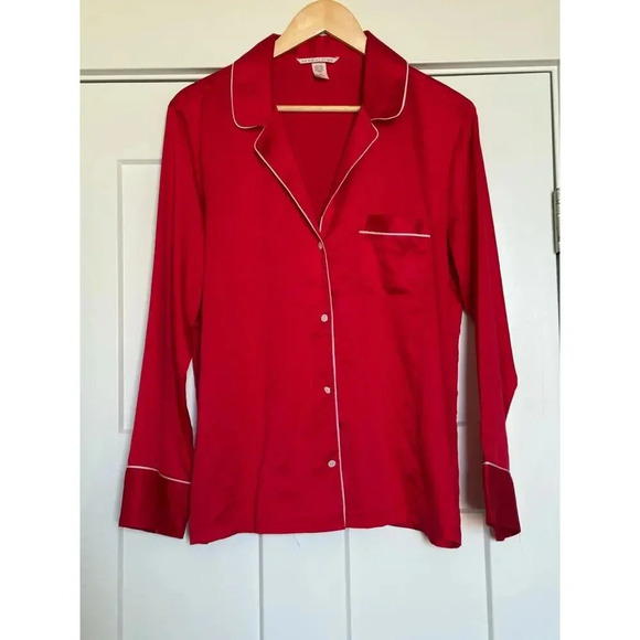 Victoria’s Secret Sz M Red Satin Pajama Set Red Holiday Ruffled Hem Pants - Picture 3 of 7